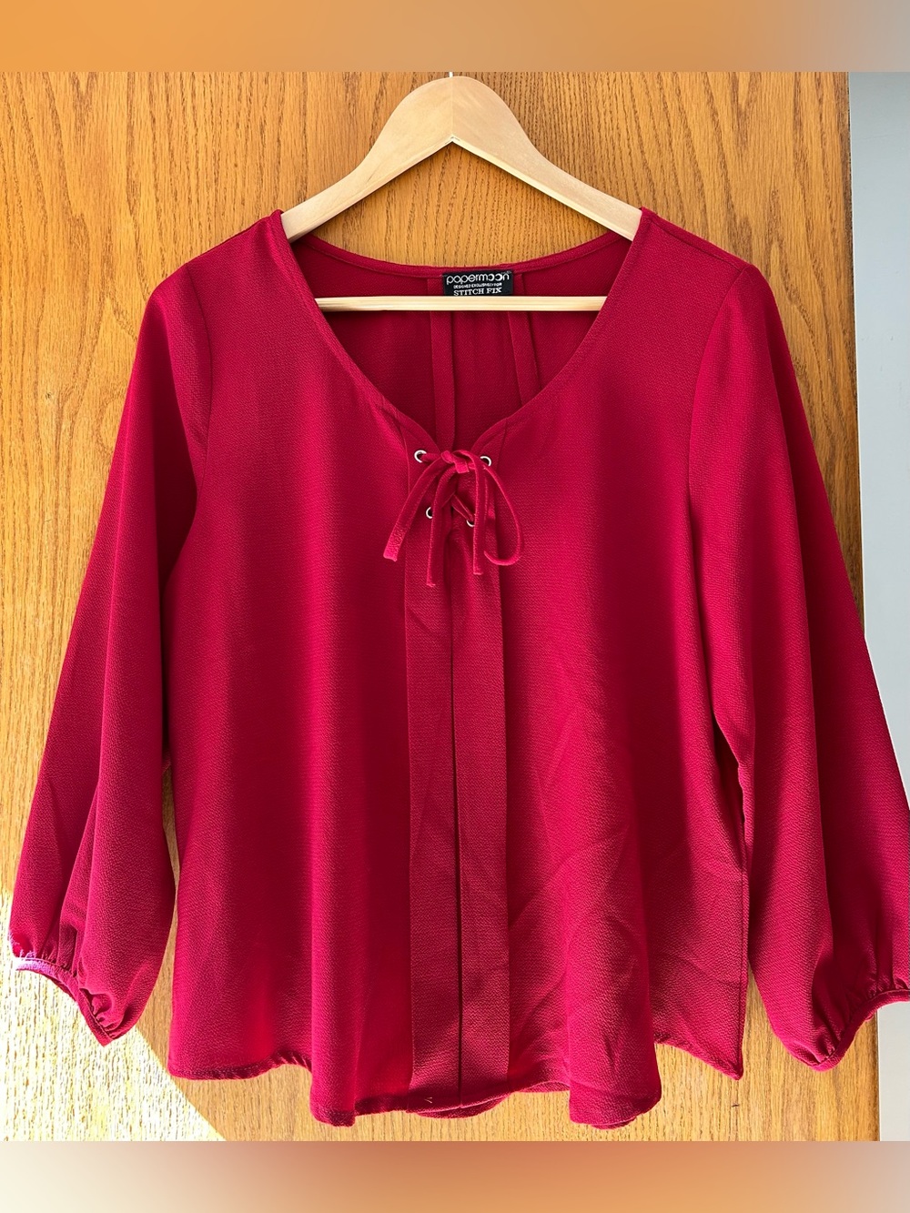 Papermoon Red Lace-Up V-Neck Women's Top